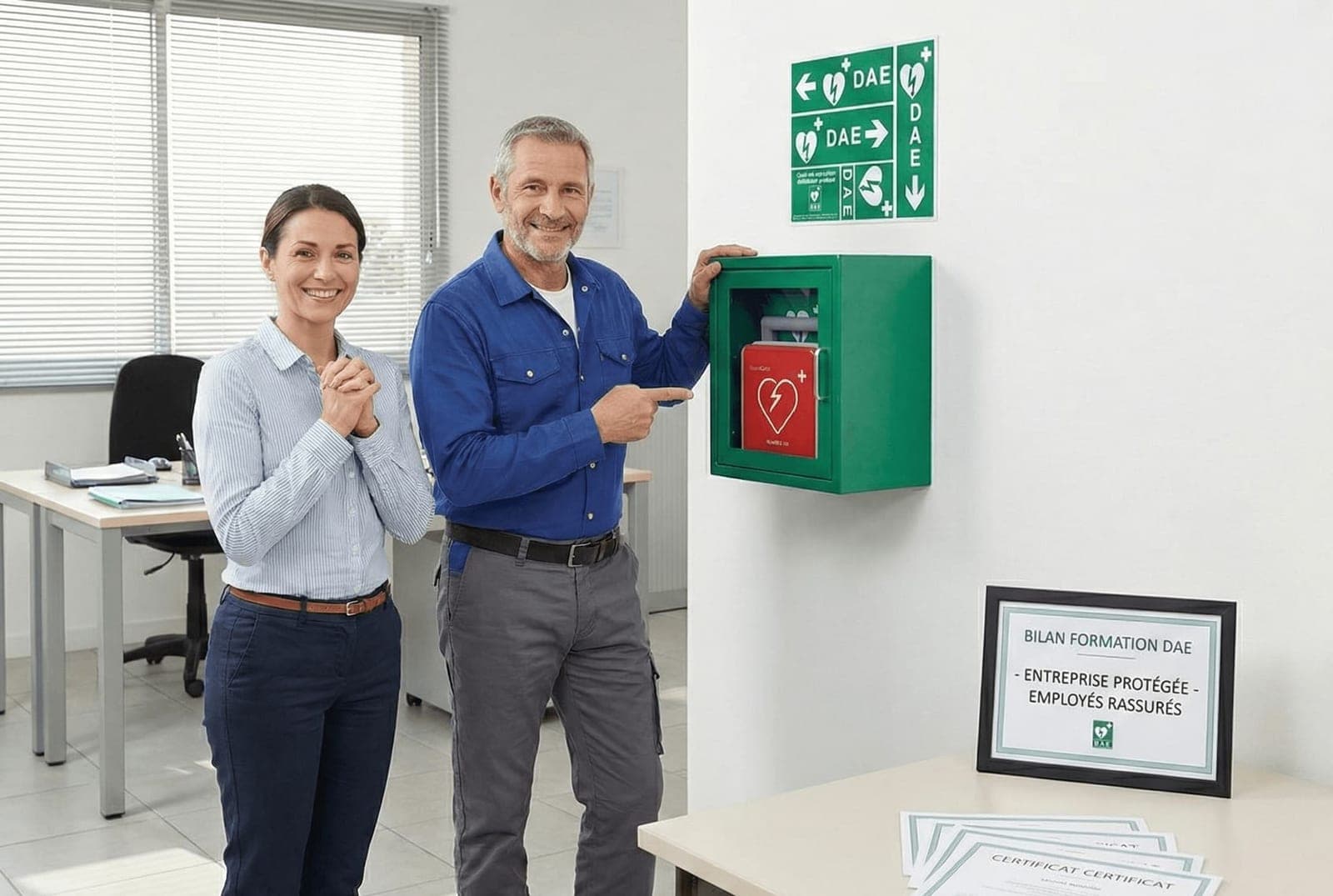 Armoire murale, signalétique DAE et attestations encadrées dans des bureaux